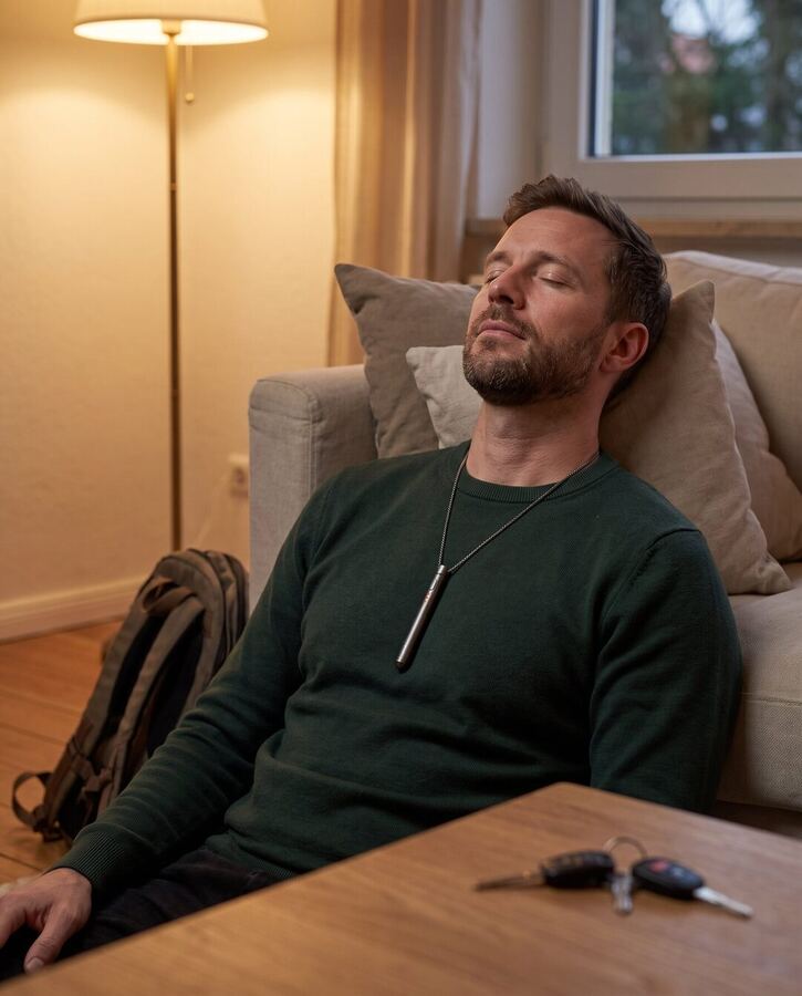 Ein Mann lehnt mit geschlossenen Augen auf dem Sofa, die EASE Kette liegt über dem Pullover