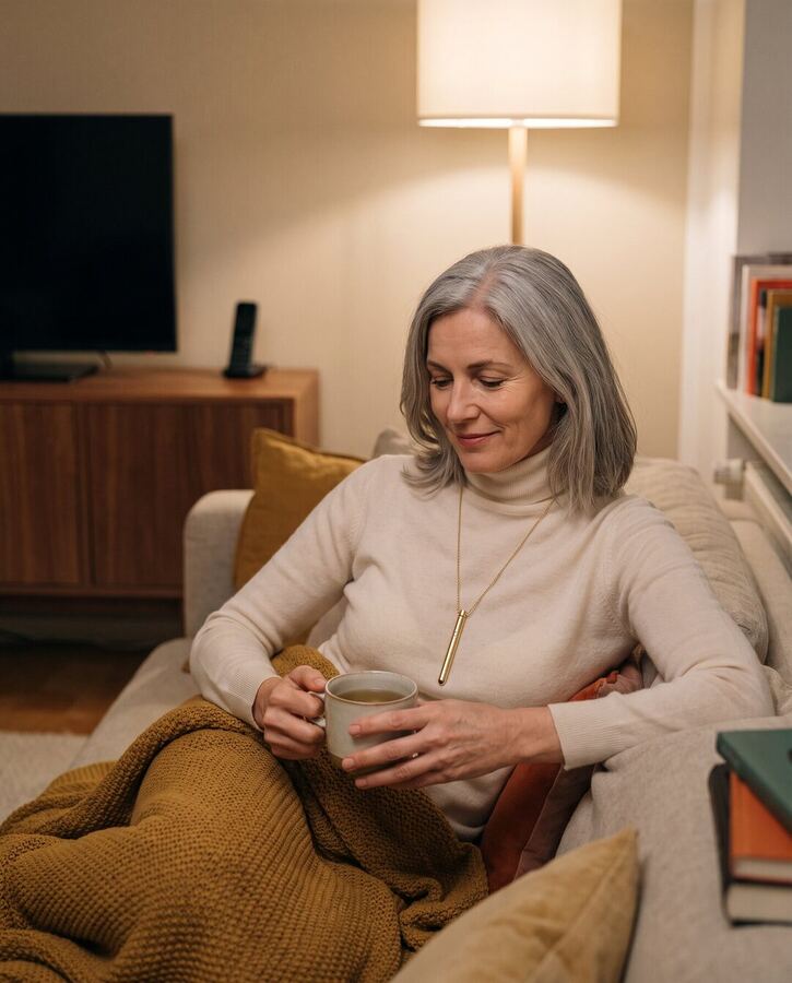 Eine Frau sitzt abends mit einer Tasse Tee auf dem Sofa und trägt die goldene EASE Kette